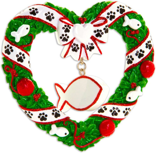 Heart Cat or Kitten Wreath with Fish Christmas Ornament