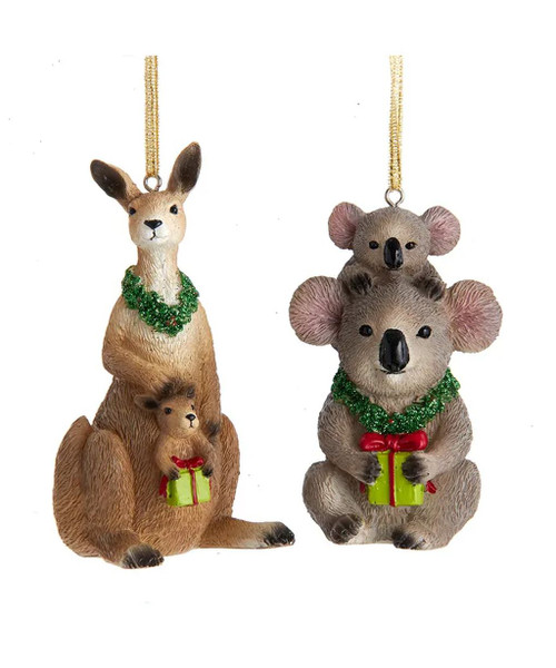 2 Piece Koala Bear & Kangaroo With Baby Joeys Christmas Ornament Set