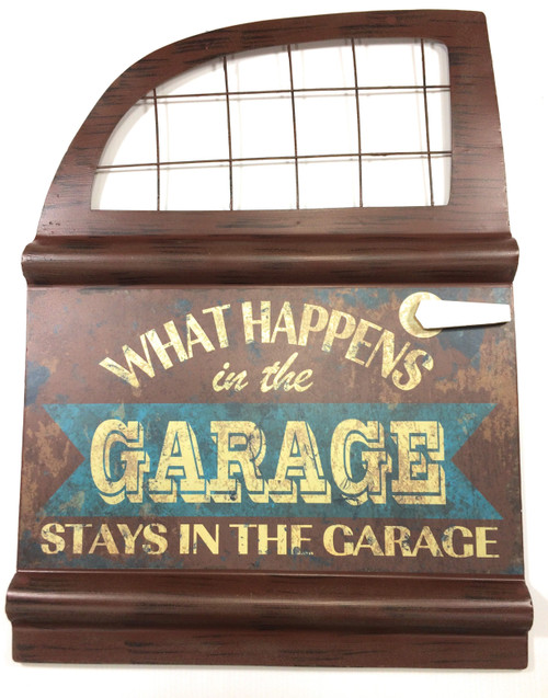 Brown What Happens In Garage Rustic Metal Sign