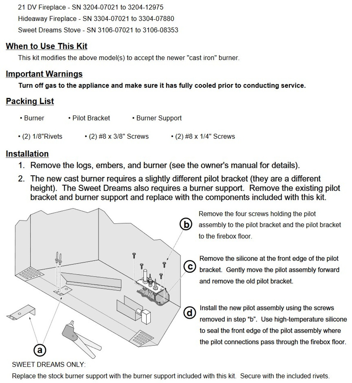 21DV / Hideaway Gas Fireplace Burner Kit (Pre-2004)