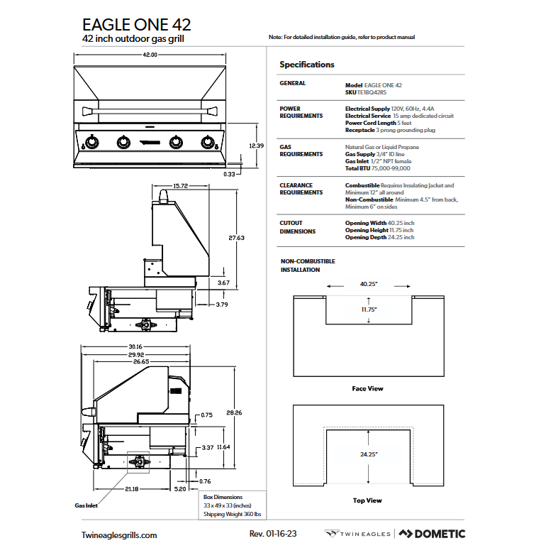 Twin Eagles - Eagle One 42" Gas Grill Specs