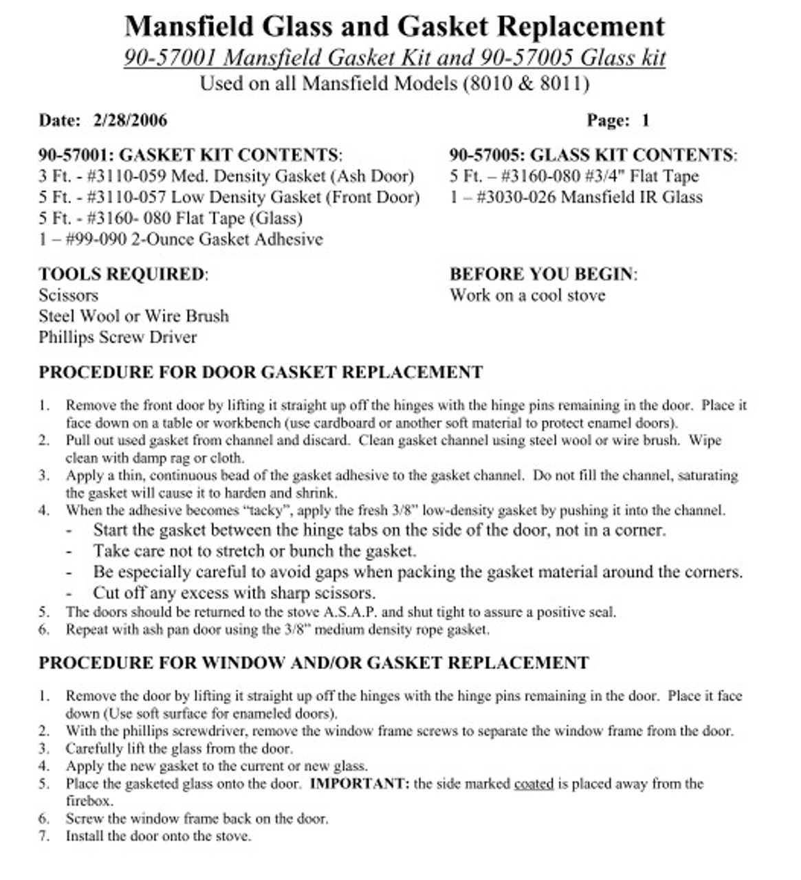 HearthStone Mansfield Gasket Kit 90-57001