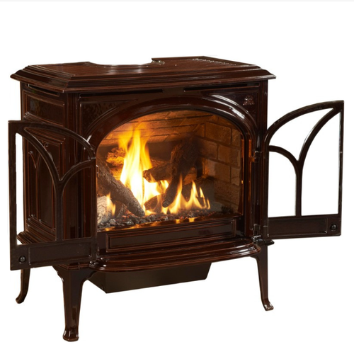 Jotul GF 500 DV Portland Gas Stove in Brown Enamel with doors open