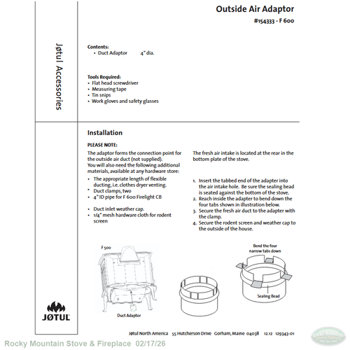 Jotul F 600 4" Outside Air Adapter (154333)