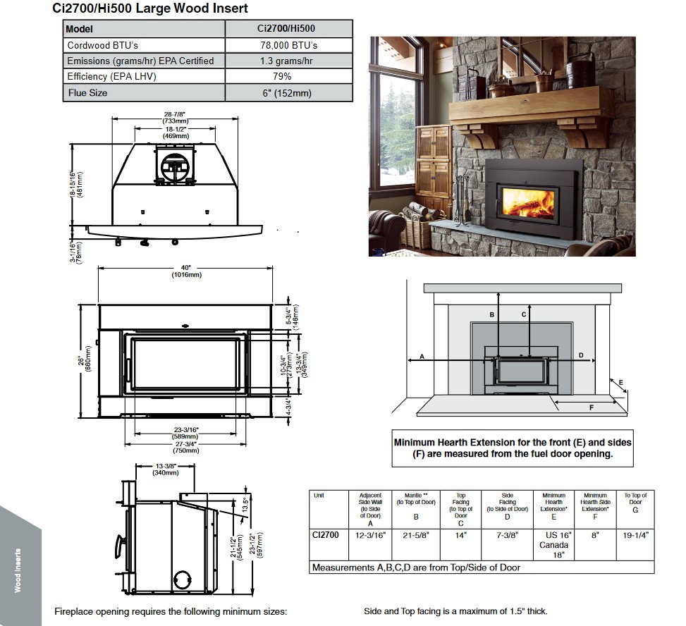 Regency HI500, Wood burning Fireplace insert