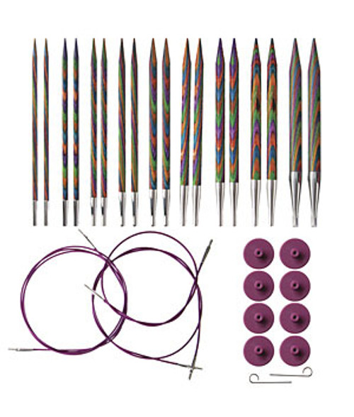 Set Includes
Rainbow Interchangeable Needle Tips
(Needle tip length is 4-3/4")
US Sizes: 4,5,6,7,8,9,10,10.5 and 11 (3.50mm, 3.75mm, 4.00mm, 4.50mm, 5.00mm, 5.50mm, 6.00mm, 6.50mm, and 8mm)
Cables
2 each of 24" and 32" lengths
Accessories
9" x 5" snapped clear vinyl needle case, 8 end caps and 2 cable keys
Looking to expand your interchangeable knitting needle set? We have additional sizes of both needle tips and interchangeable cables available for even more options. Pro tip: The sizing of the cables refer to the total length achieved when the needle tips are attached to the cables.