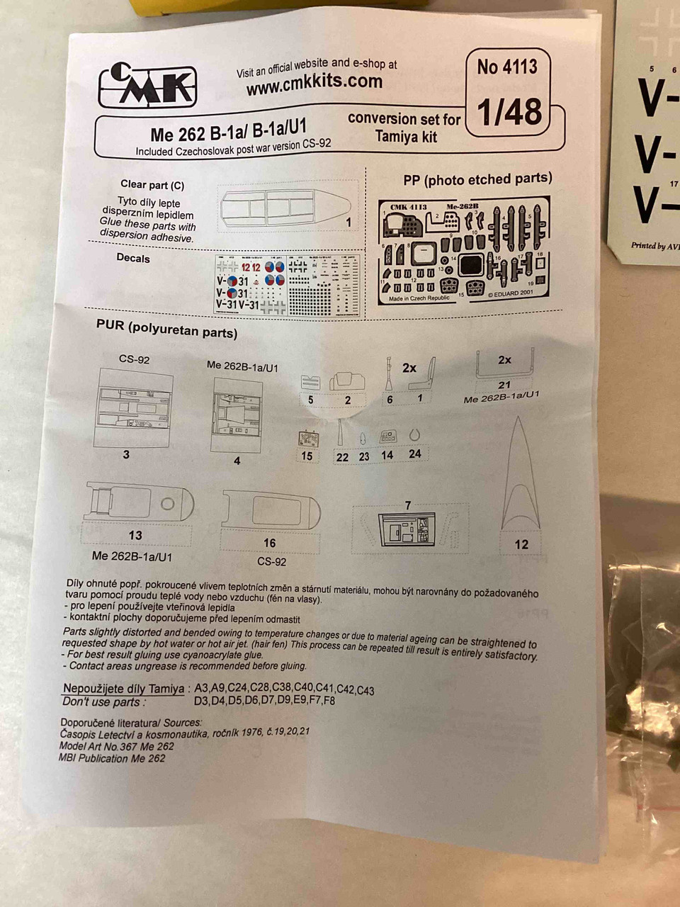 4113 Czech Master's Kit 1/48 Me 262B-1a/U1 Conversion Set (Pre