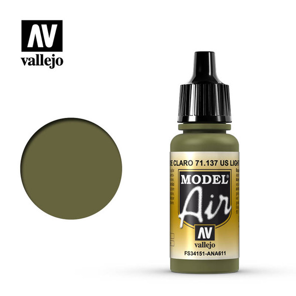 VLJ71137 - Vallejo - Model Air: US Light Green - 17mL Bottle - Acrylic  / Water Based - Flat - FS 34151