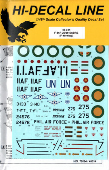 HDL48-034 - Hi-Decal Line 1/48 F-86F-25/30 Sabre (F-40 wing) - Decal sheet