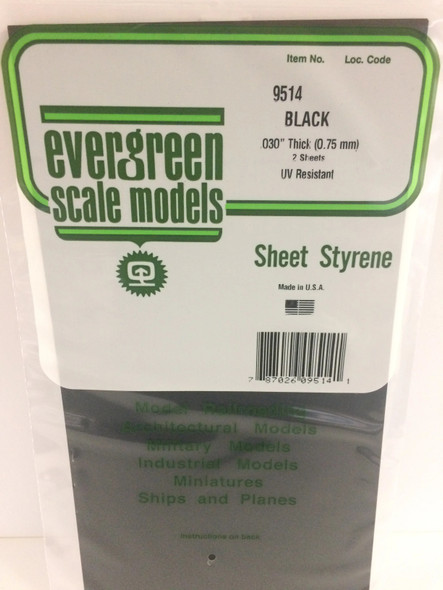 EVE9514 - Evergreen Scale Models Sheet Styrene .030/.75mm Black