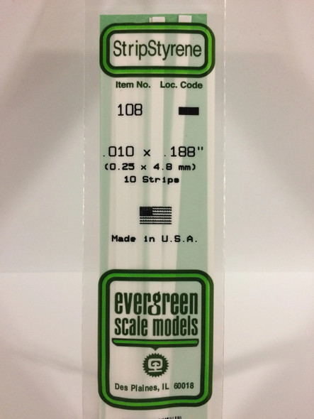 EVE108 - Evergreen Scale Models .010 x .188 Styrene Strip