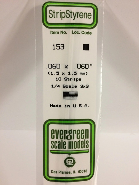 EVE153 - Evergreen Scale Models .060 Square Styrene Strip
