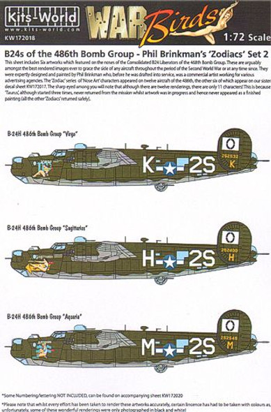 Warbirds Decals KW172018 1/72 B24s of the 486th Bomb Group - Phil Brinkman's 'Zodiacs' (Set 2)