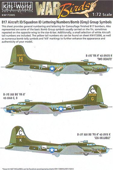 Warbirds decals KW172005 1/72 B17 Aircraft ID/Squadron ID Lettering/Numbers/Bomb (Grey) Group Symbols