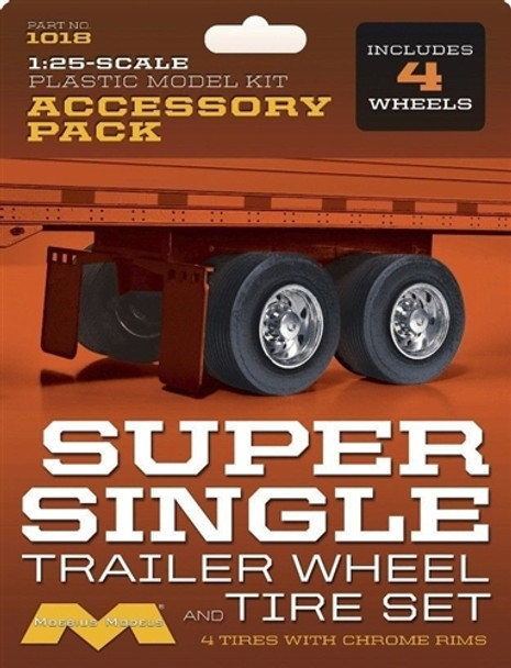 MOE1018 - Moebius Models 1/25 Super Single Trailer Wheel & Tire Set - 4 Tires with Chrome Rims