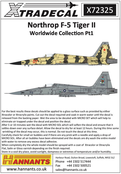 EXDX72325 - Xtradecal 1/72 Northrop F-5 Tiger II Worldwide Collection Part 1 Decal Sheet