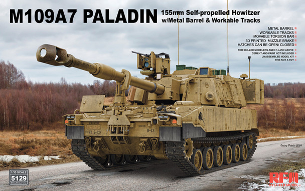 RYERM-5129 - Rye Field Model 1/35 M109A7 Paladin 155mm Self-Propelled Howitzer with workable tracks