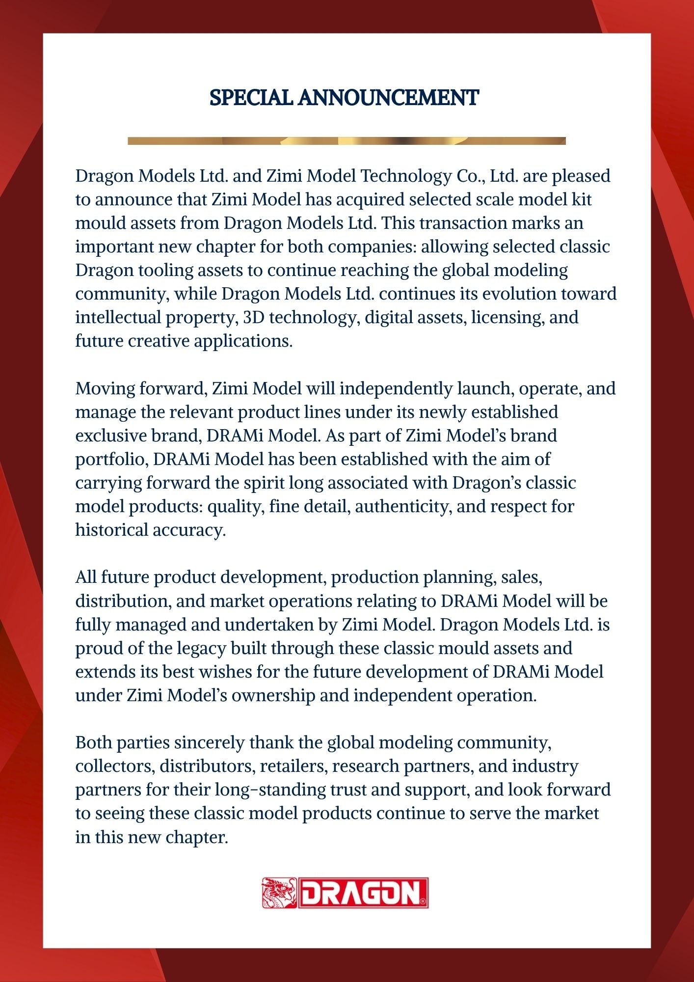 Dragon Models follow-up announcement detailing the Zimi Model tooling agreement and the DRAMi brand, posted 18 May 2026