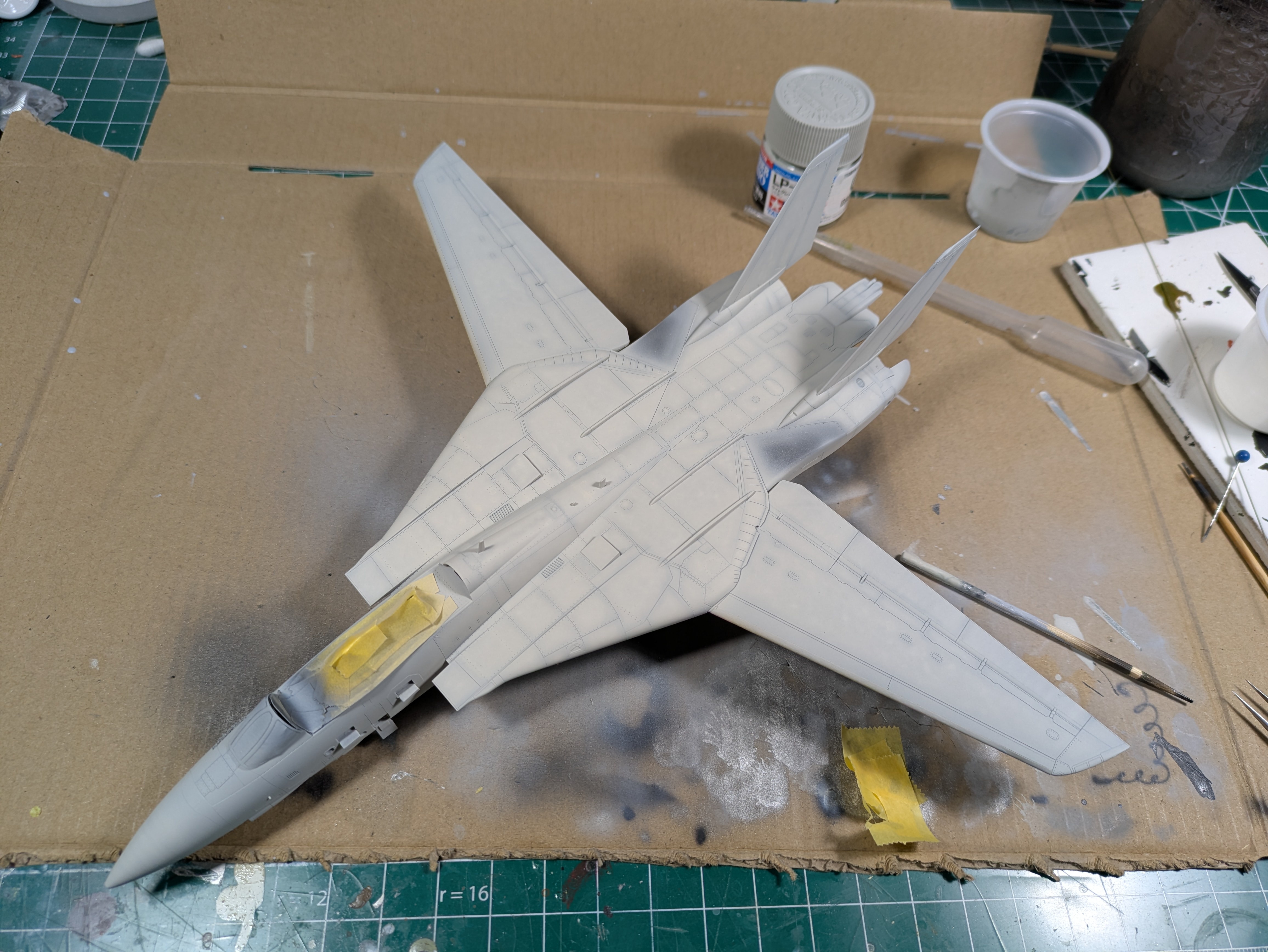 Base coat applied from above &mdash; cockpit masked, LP-34 over pre-shade