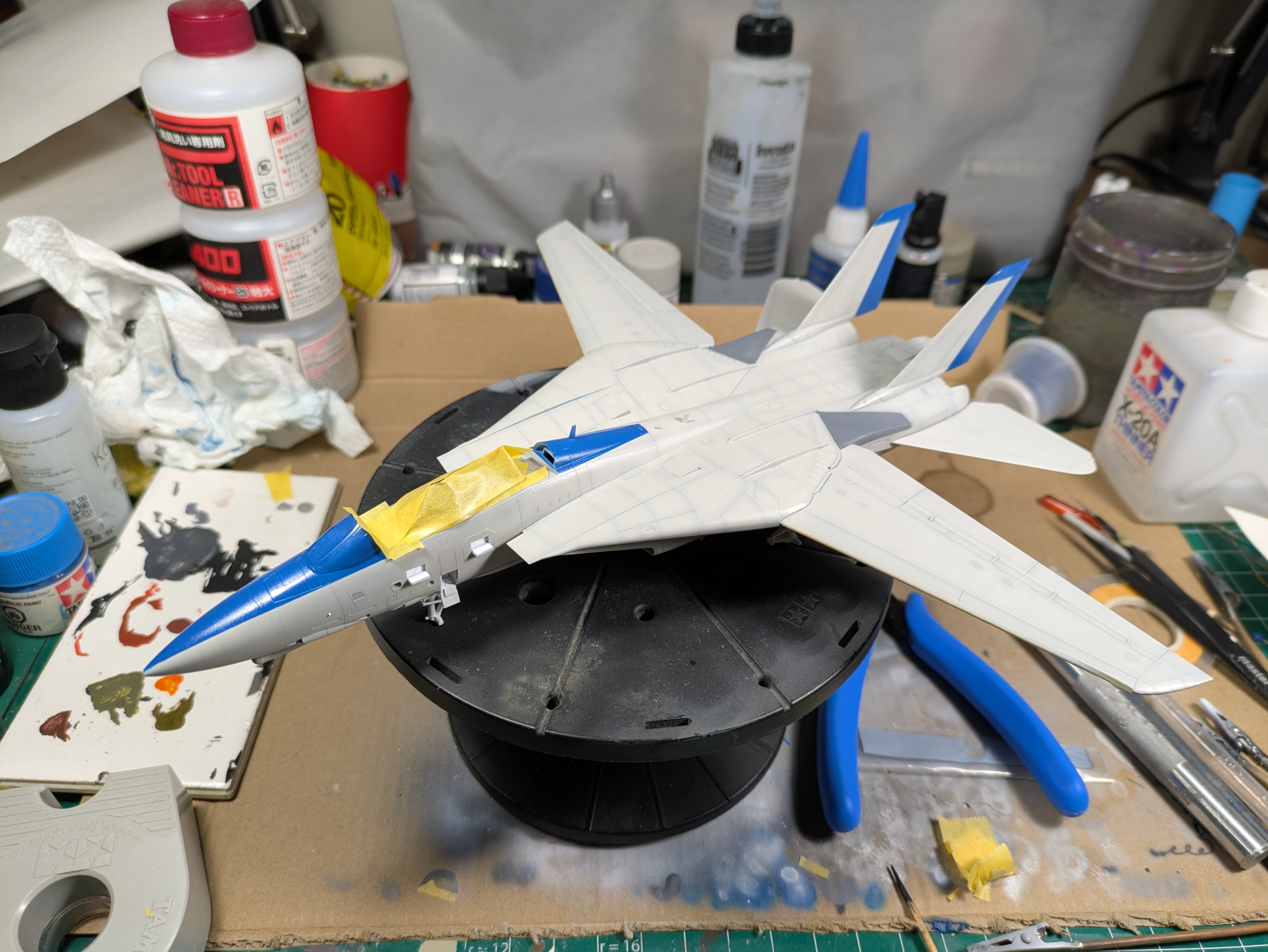 Decals being applied &mdash; canopy masked, markings going on