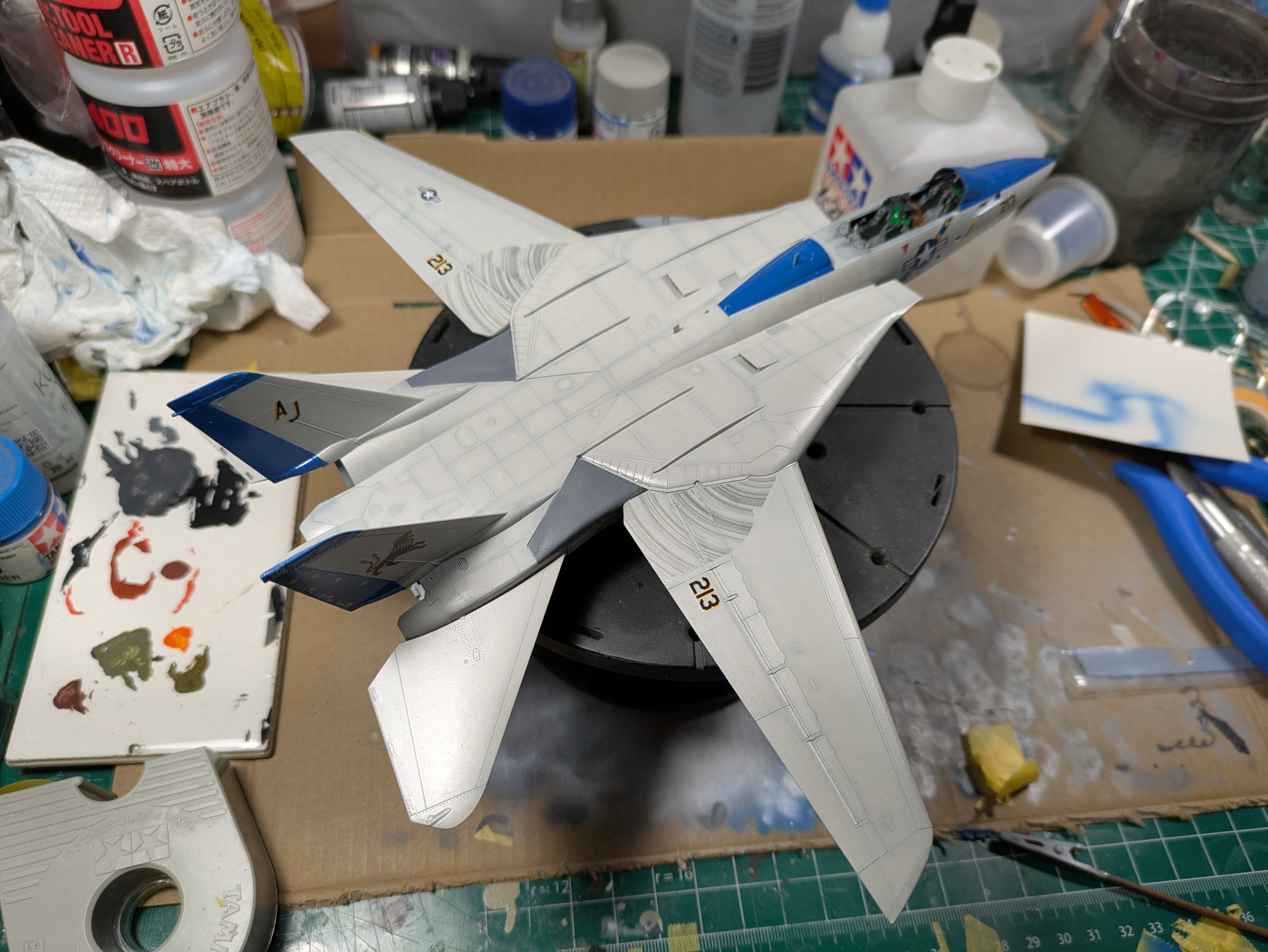 Decals near complete &mdash; top view showing AJ tail code