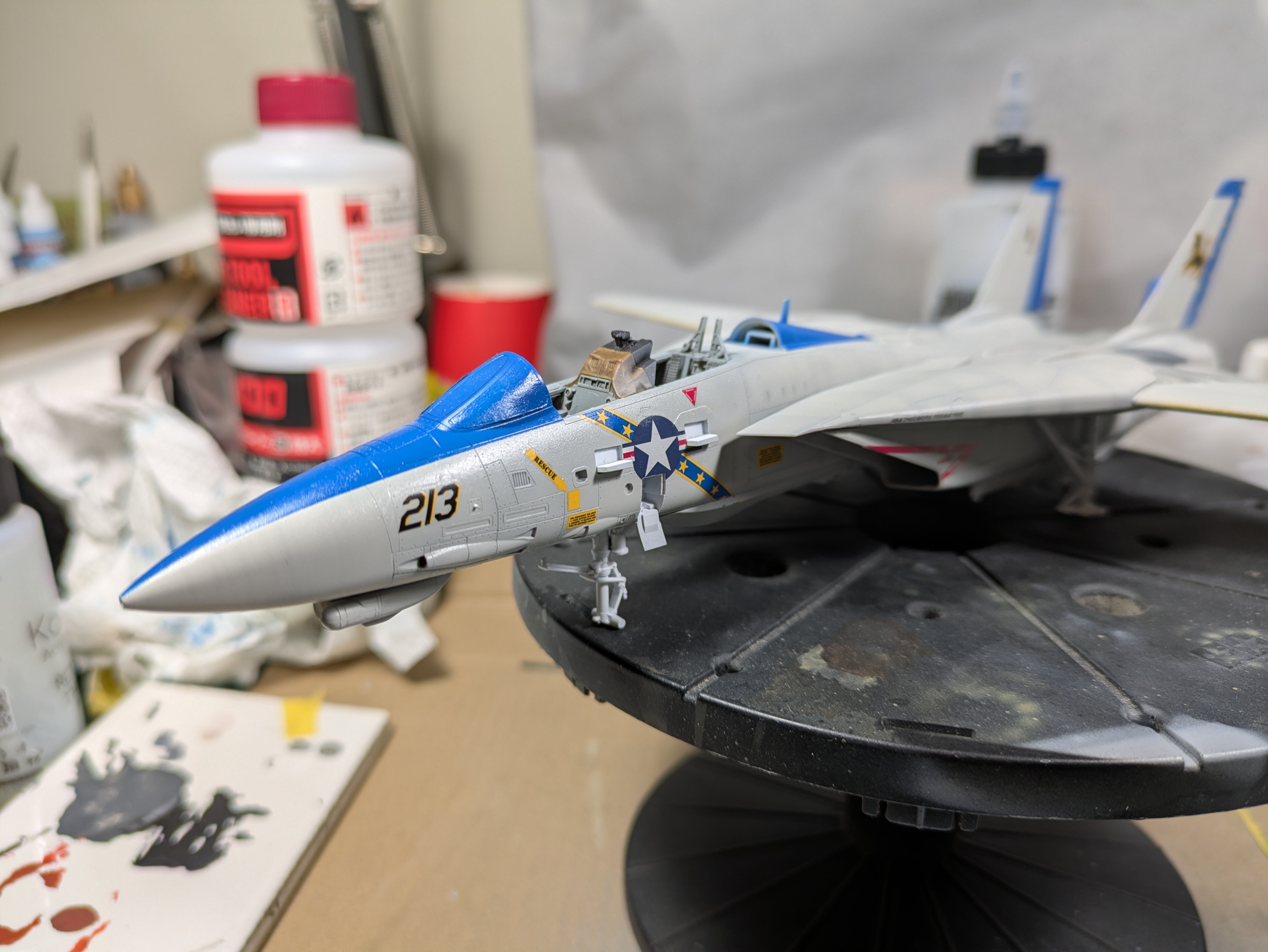 Front quarter with full decals applied &mdash; roundel, 213 modex, canopy on