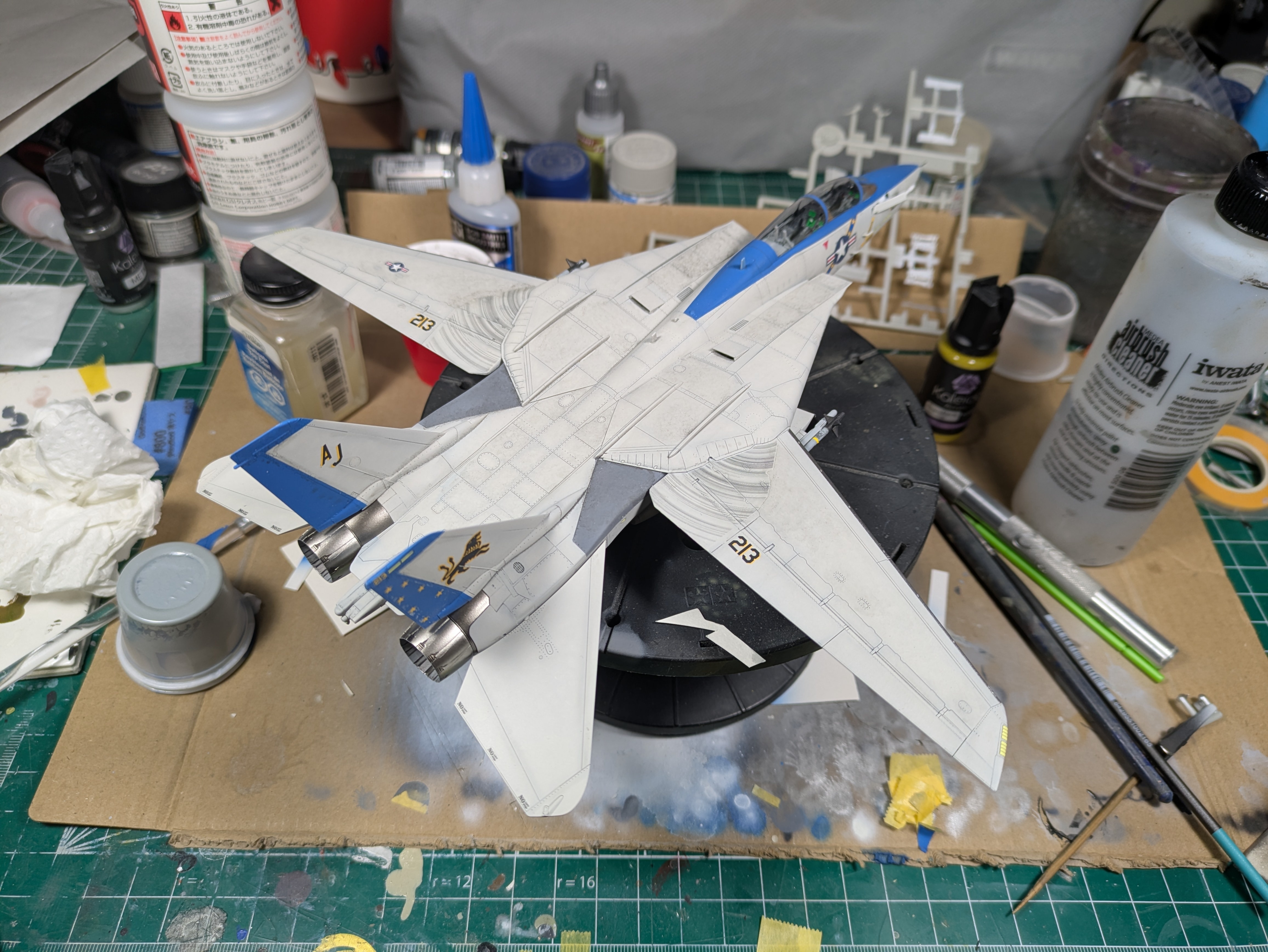Panel line wash applied &mdash; top view showing depth added to fuselage