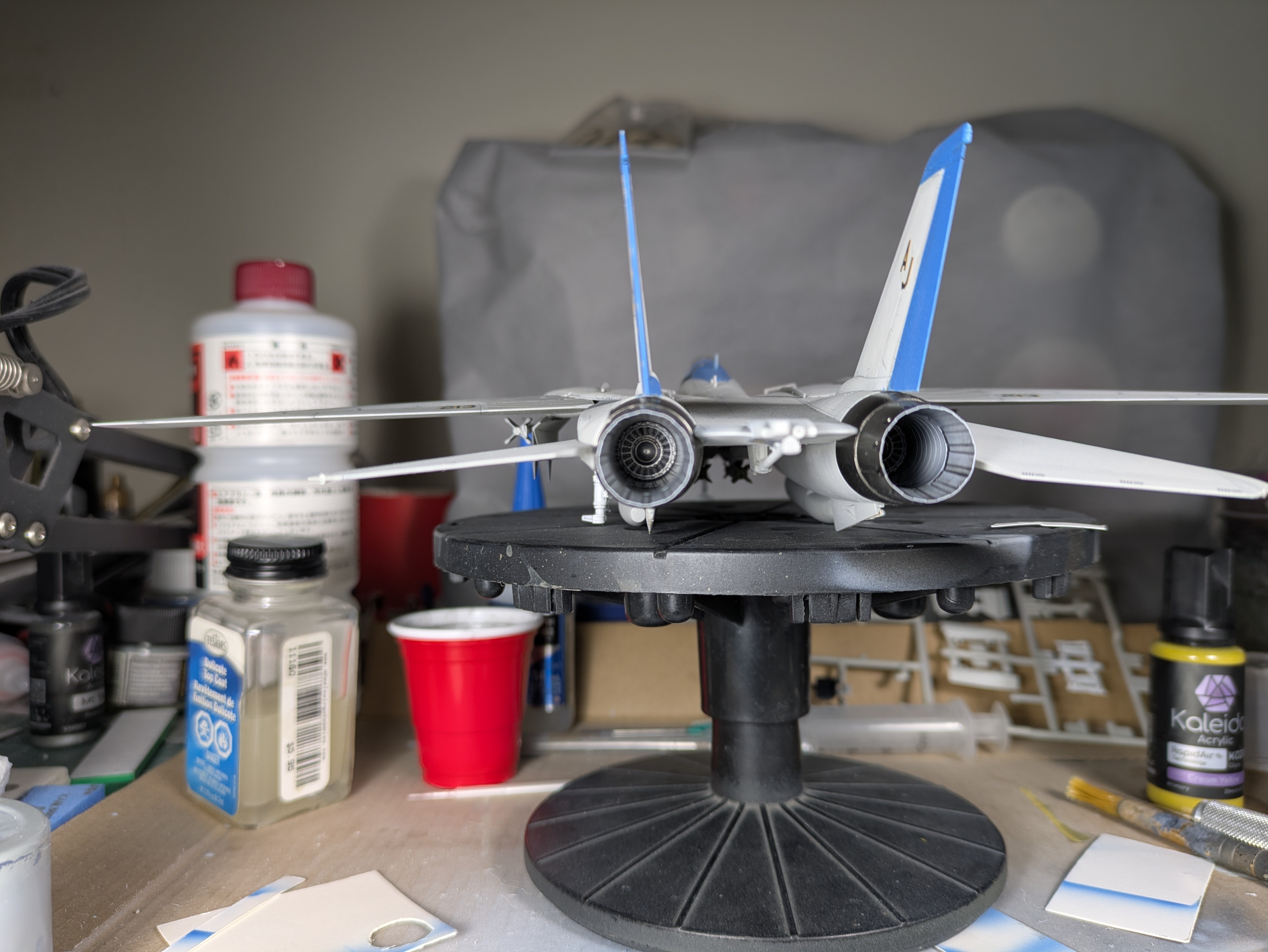Rear view showing stainless engine nozzles and weathered fuselage