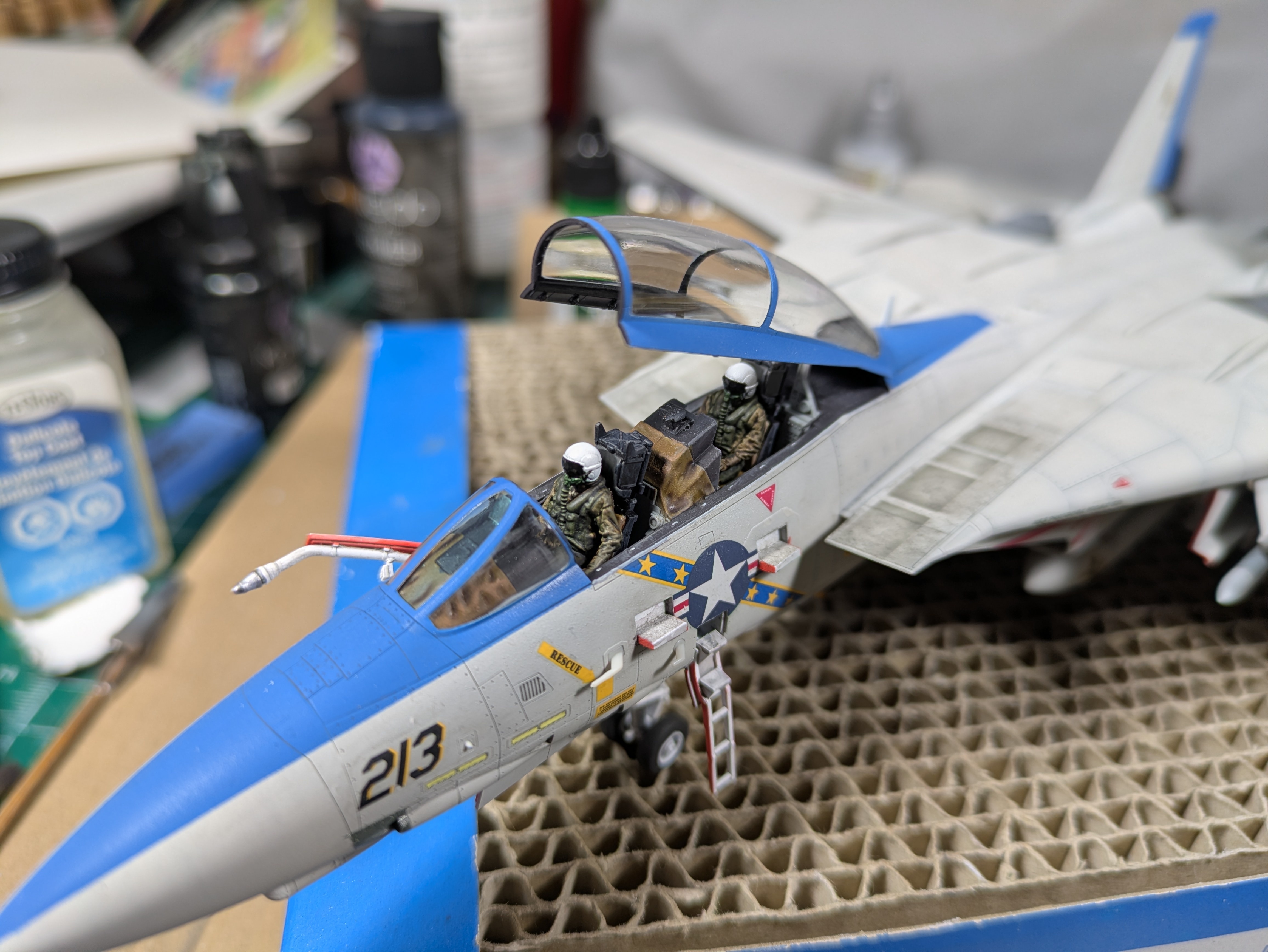 Both pilots seated in cockpit &mdash; white helmets and painted flight gear