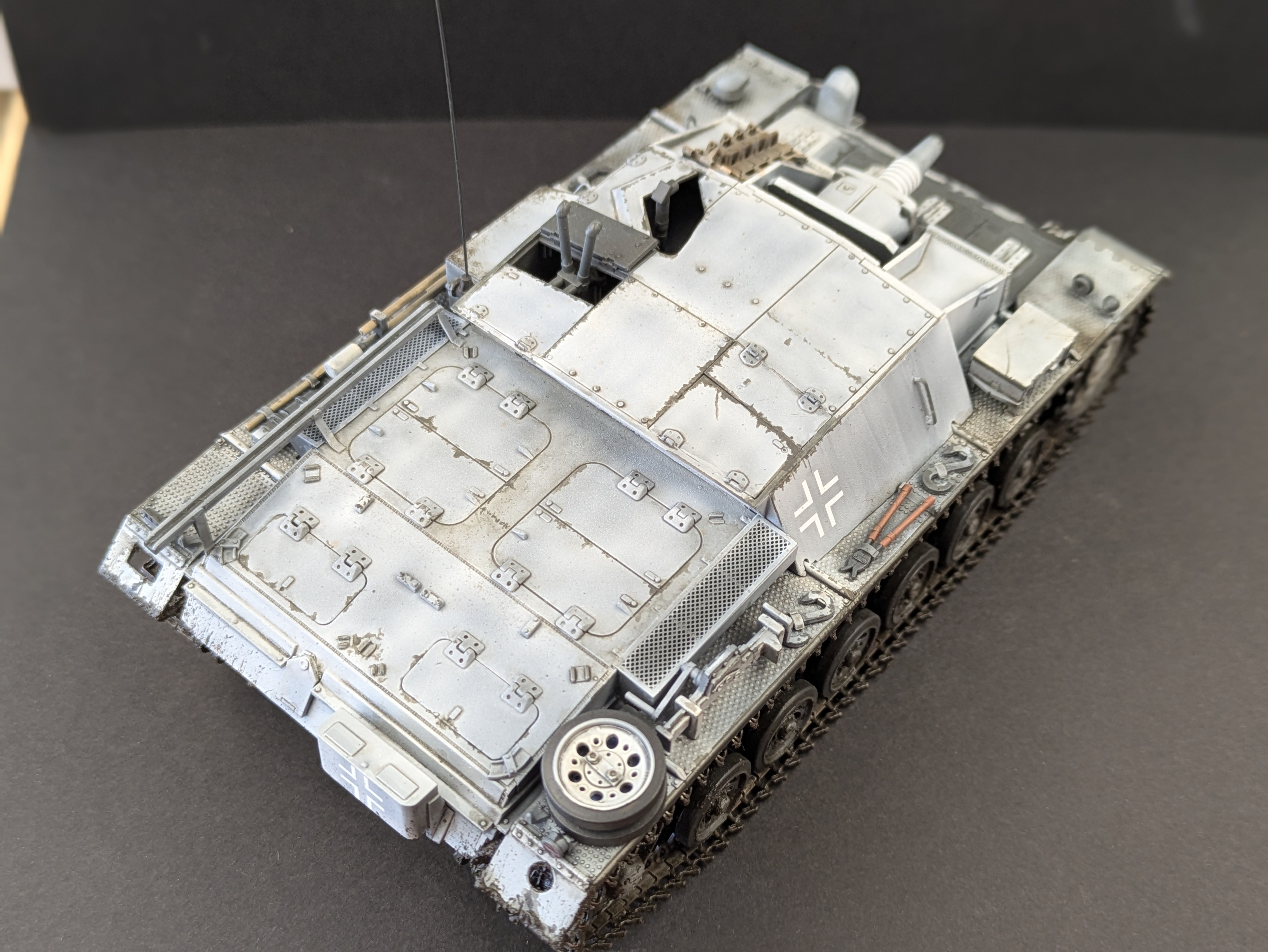 StuG III - top view showing weathering and manual chipping