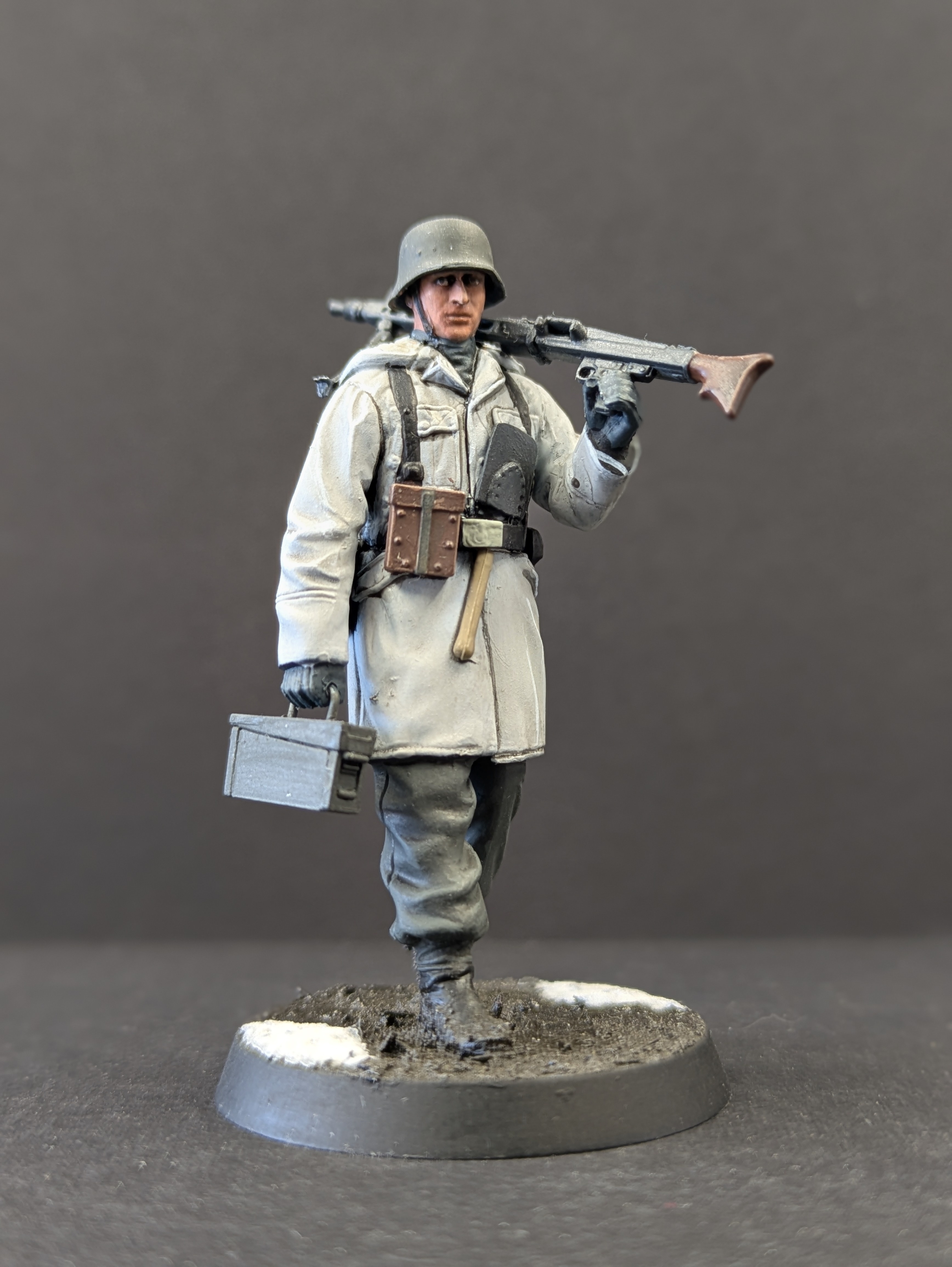 Front ammo crate pose showing coat detail
