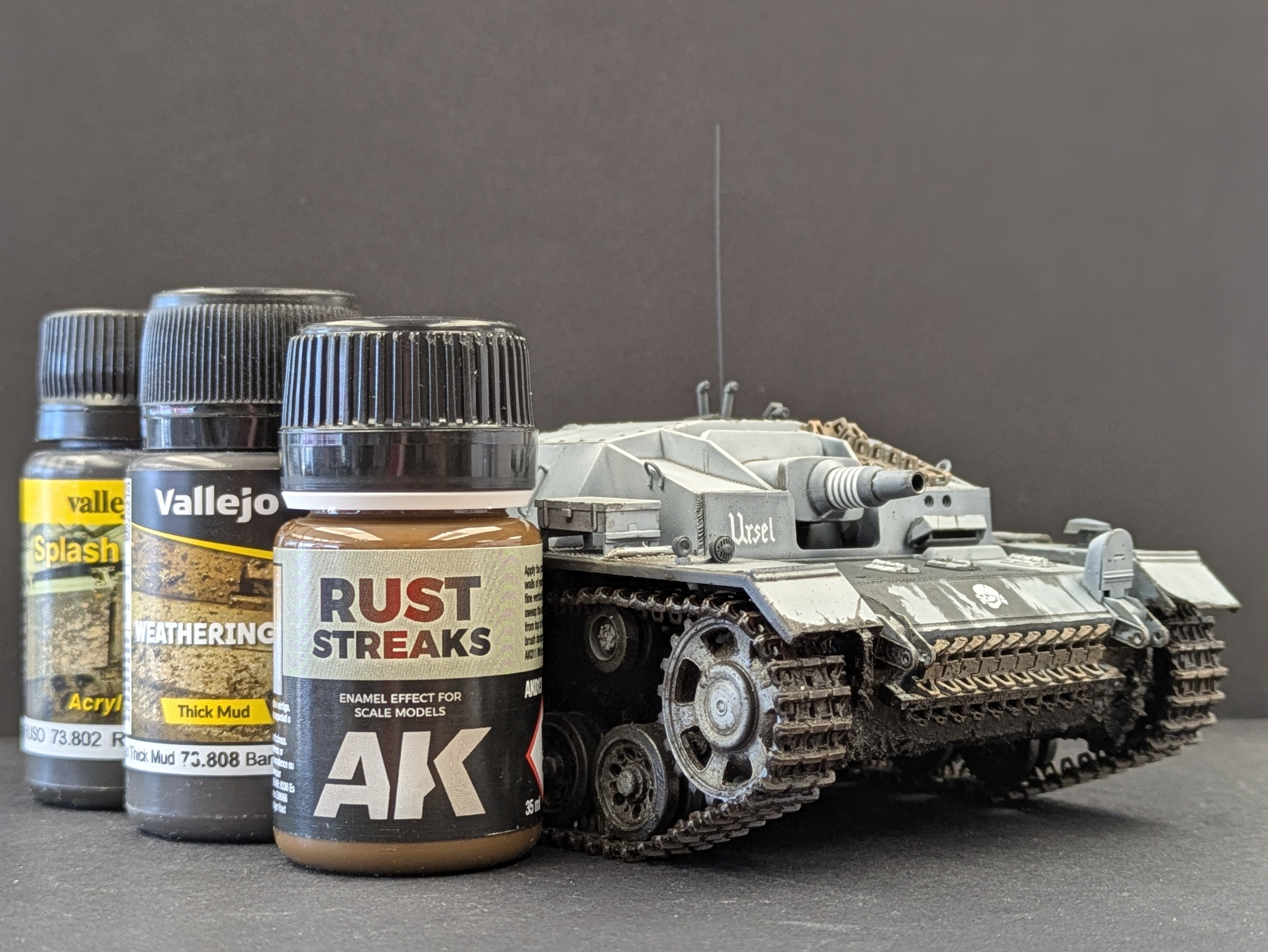 The essential weathering products used throughout the StuG III build