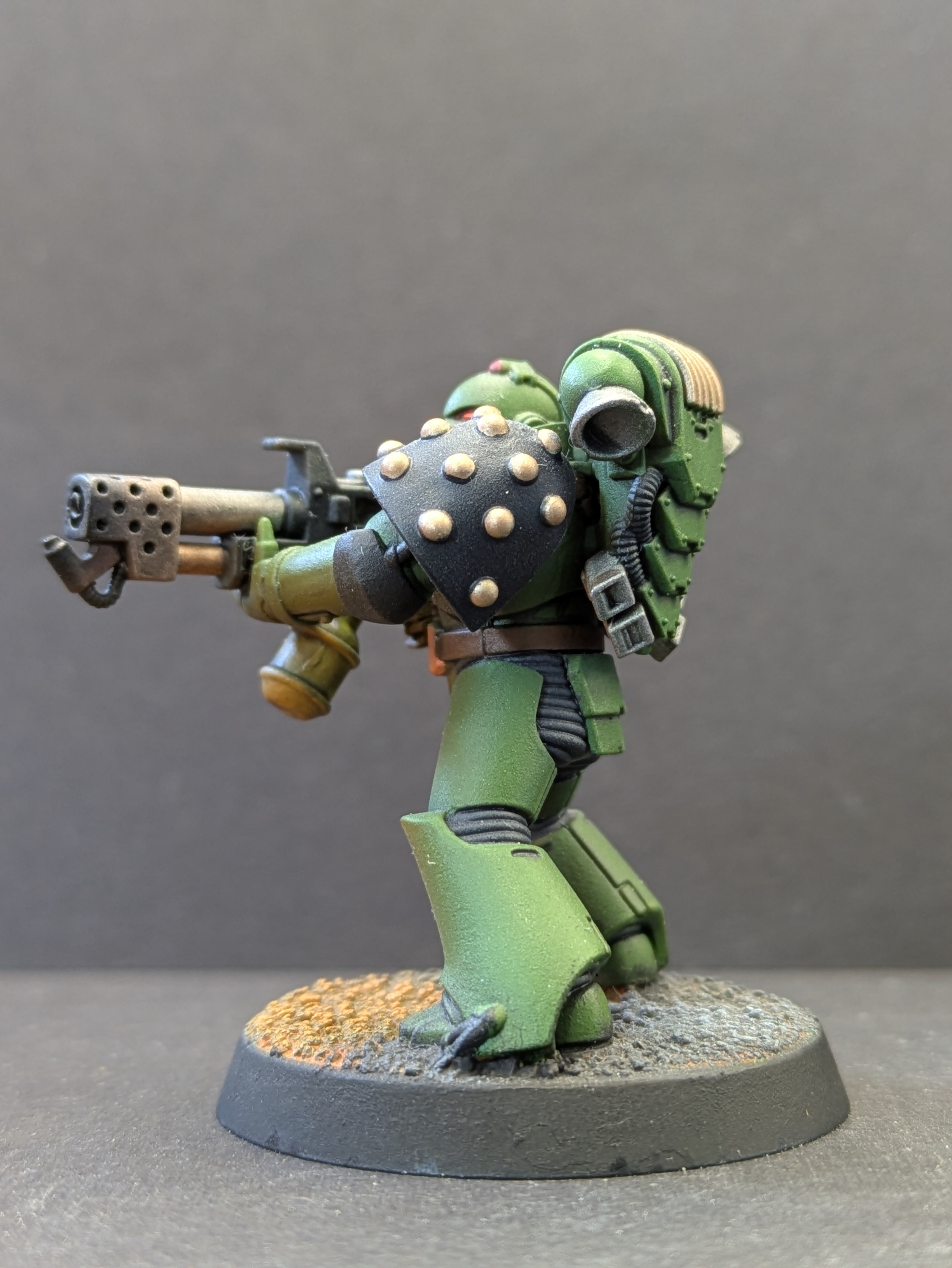 Low side profile showing inside of flamer and shoulder studs