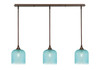 3 Light Stem Hung Linear Pendalier, Bronze Finish, 7" Turquoise Textured Glass (36-BRZ-4915)