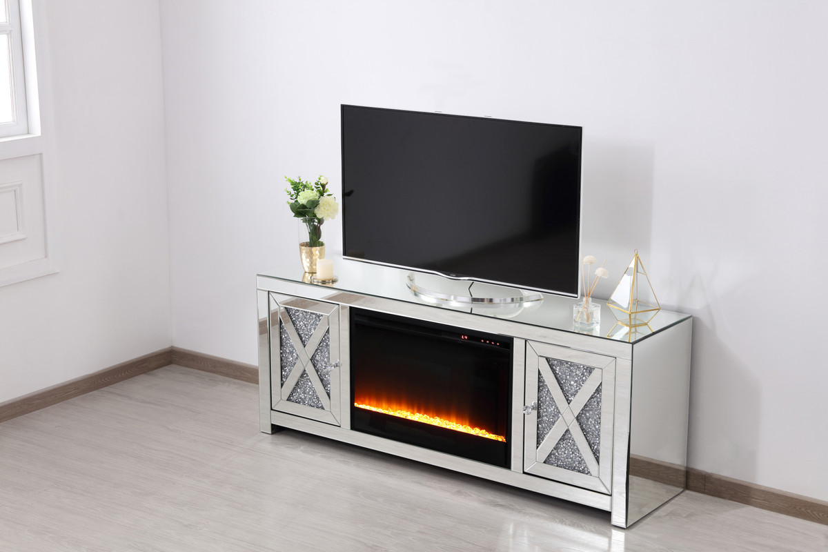 Elegant Furniture and Lighting Mirrored TV Stand with Fireplace - Thumbnail 3