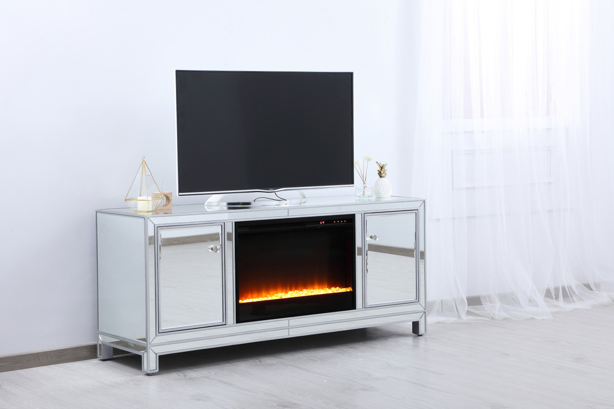 Elegant Furniture and Lighting Mirrored TV Stand with Fireplace Insert - Thumbnail 4