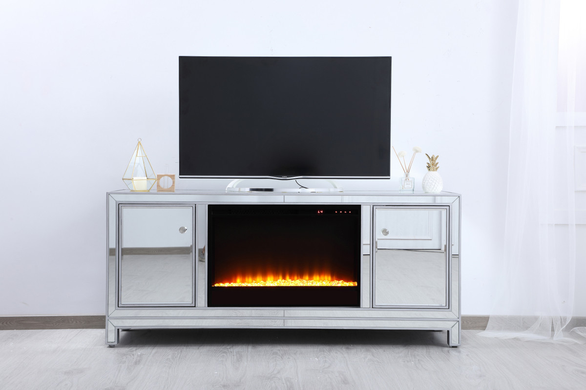 Elegant Furniture and Lighting Mirrored TV Stand with Fireplace Insert - Thumbnail 5