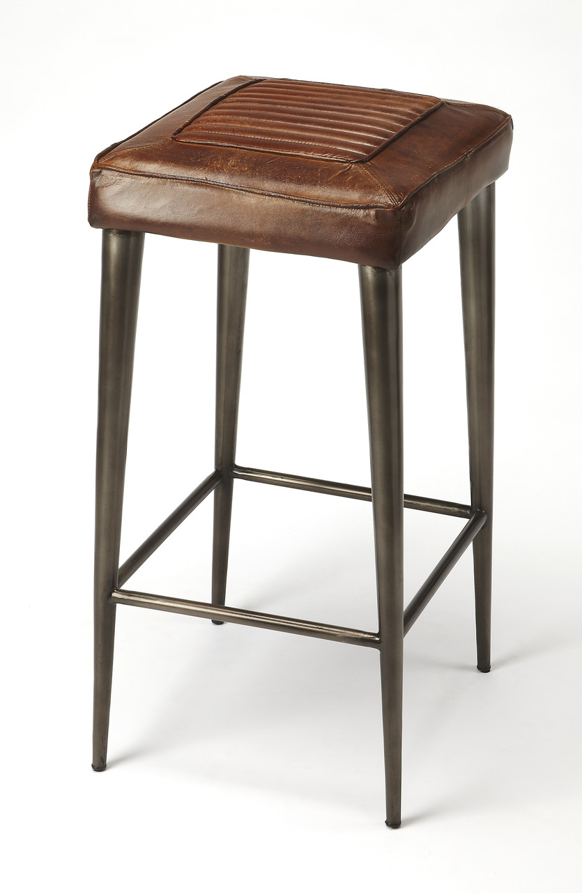 Maxwell 32 in Seat Height Leather and Metal Square Seat Backless Bar Stool