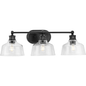 Singleton Collection Three-Light 26.5" Matte Black Farmhouse Vanity Light with Clear Glass Shades (P300397-31M) Singleton Collection Three-Light 26.5" Matte Black Farmhouse Vanity Light with Clear Glass Shades (P300397-31M)