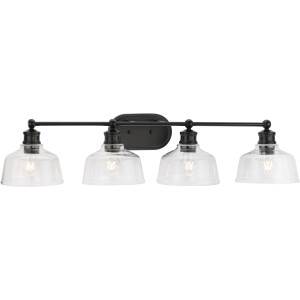 Singleton Collection Four-Light 36" Matte Black Farmhouse Vanity Light with Clear Glass Shades (P300398-31M)