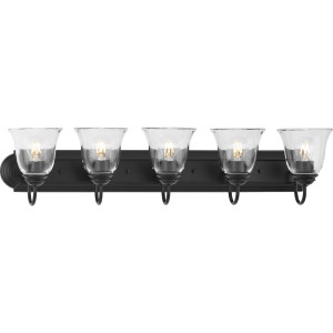 Five-Light Matte Black Transitional Bath and Vanity Light with Clear Glass for Bathroom (P300393-31M) Five-Light Matte Black Transitional Bath and Vanity Light with Clear Glass for Bathroom (P300393-31M)