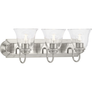 Three-Light Brushed Nickel Transitional Bath and Vanity Light with Clear Glass for Bathroom (P300391-009) Three-Light Brushed Nickel Transitional Bath and Vanity Light with Clear Glass for Bathroom (P300391-009)