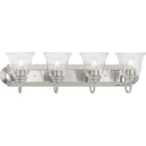 Four-Light Brushed Nickel Transitional Bath and Vanity Light with Clear Glass for Bathroom (P300392-009) Four-Light Brushed Nickel Transitional Bath and Vanity Light with Clear Glass for Bathroom (P300392-009)