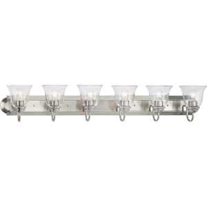 Six-Light Brushed Nickel Transitional Bath and Vanity Light with Clear Glass for Bathroom (P300394-009) Six-Light Brushed Nickel Transitional Bath and Vanity Light with Clear Glass for Bathroom (P300394-009)