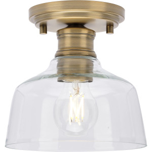 Singleton Collection One-Light 7.62" Vintage Brass Farmhouse Small Semi-Flush Mount Light with Clear Glass Shade (P350226-163)