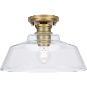 Singleton Collection One-Light 14" Vintage Brass Farmhouse Medium Semi-Flush Mount Light with Clear Glass Shade (P350227-163) Singleton Collection One-Light 14" Vintage Brass Farmhouse Medium Semi-Flush Mount Light with Clear Glass Shade (P350227-163)