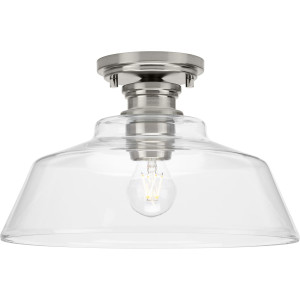 Singleton Collection One-Light 14" Brushed Nickel Farmhouse Medium Semi-Flush Mount Light with Clear Glass Shade (P350227-009)