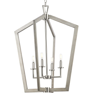 Galloway Collection Four-Light 30" Brushed Nickel Modern Farmhouse Foyer Light with Grey Washed Oak Accents (P500378-009)