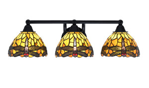 Paramount 3 Light Bath Bar In Matte Black Finish With 7" Amber Dragonfly Art Glass (3423-MB-9465)