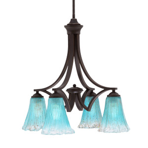 Zilo Downlight, 4 Light, Chandelier In Dark Granite Finish With 5.5" Fluted Teal Crystal Glass (568-DG-725)
